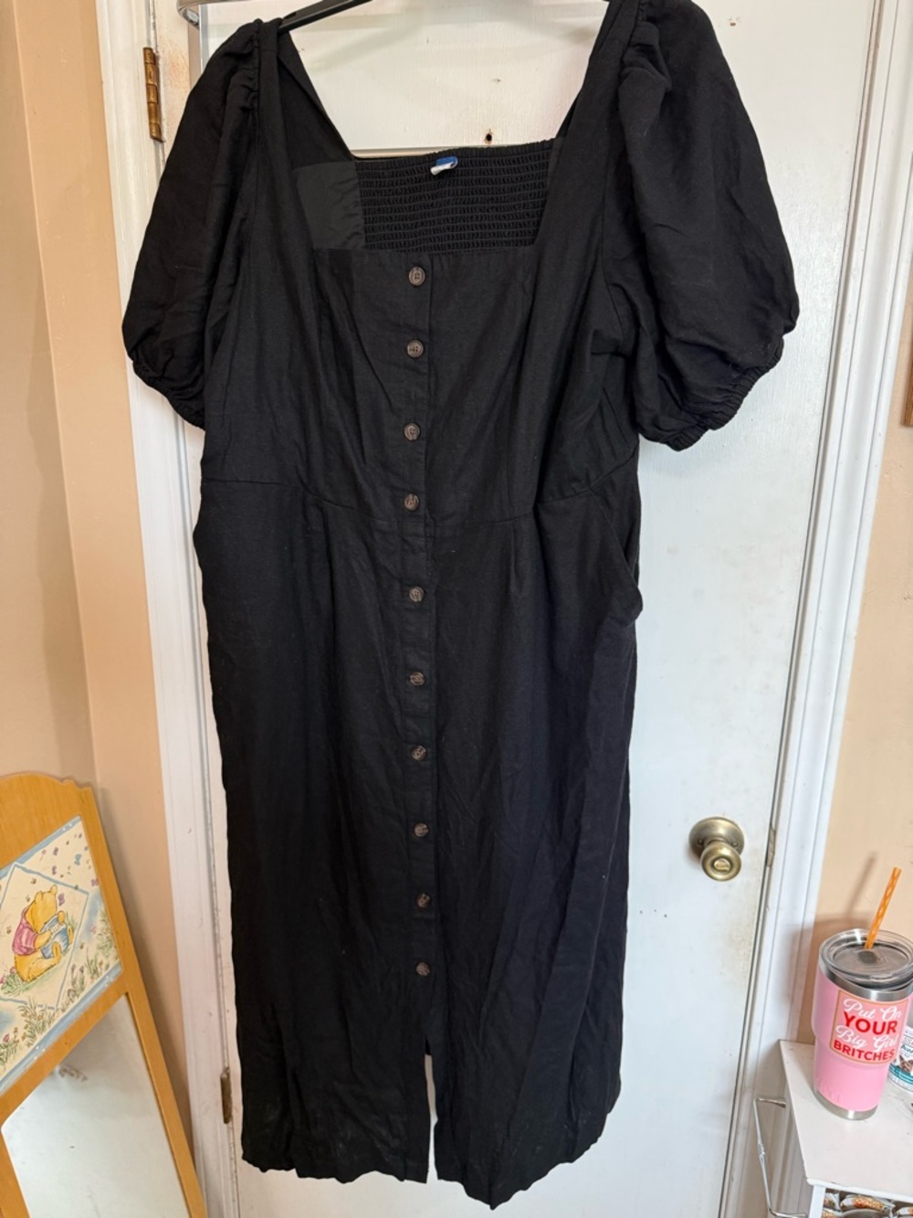 Old Navy Black Button-Front Puff Sleeve Midi Dress